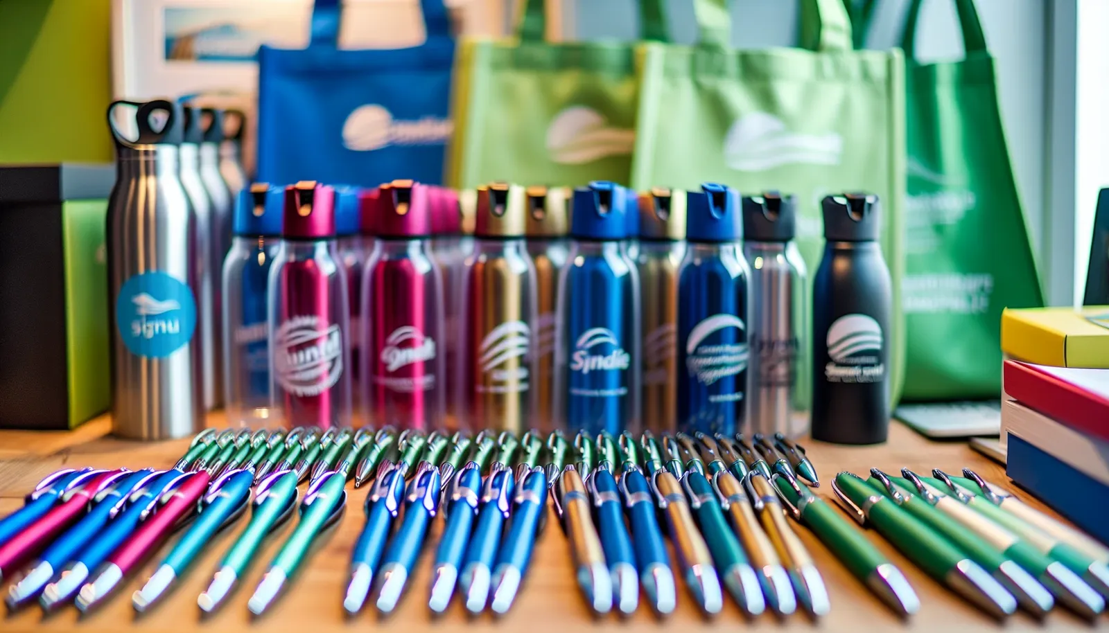 A variety of promotional merchandise displayed on a table